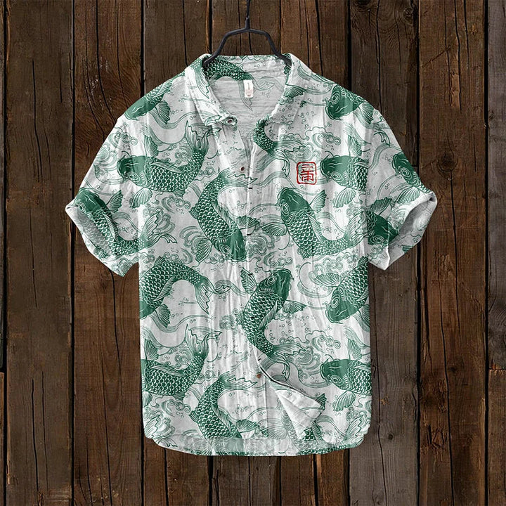 Augusta | Vintage Fisch Japanische Kunst Leinenmischung Shirt