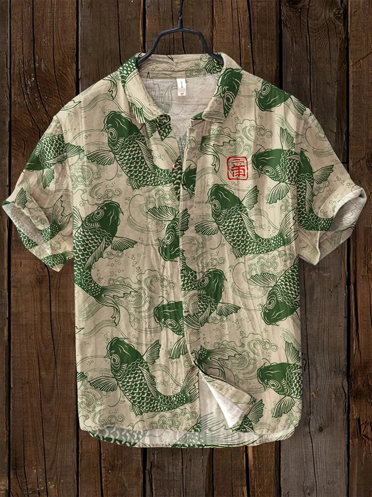 Augusta | Vintage Fisch Japanische Kunst Leinenmischung Shirt